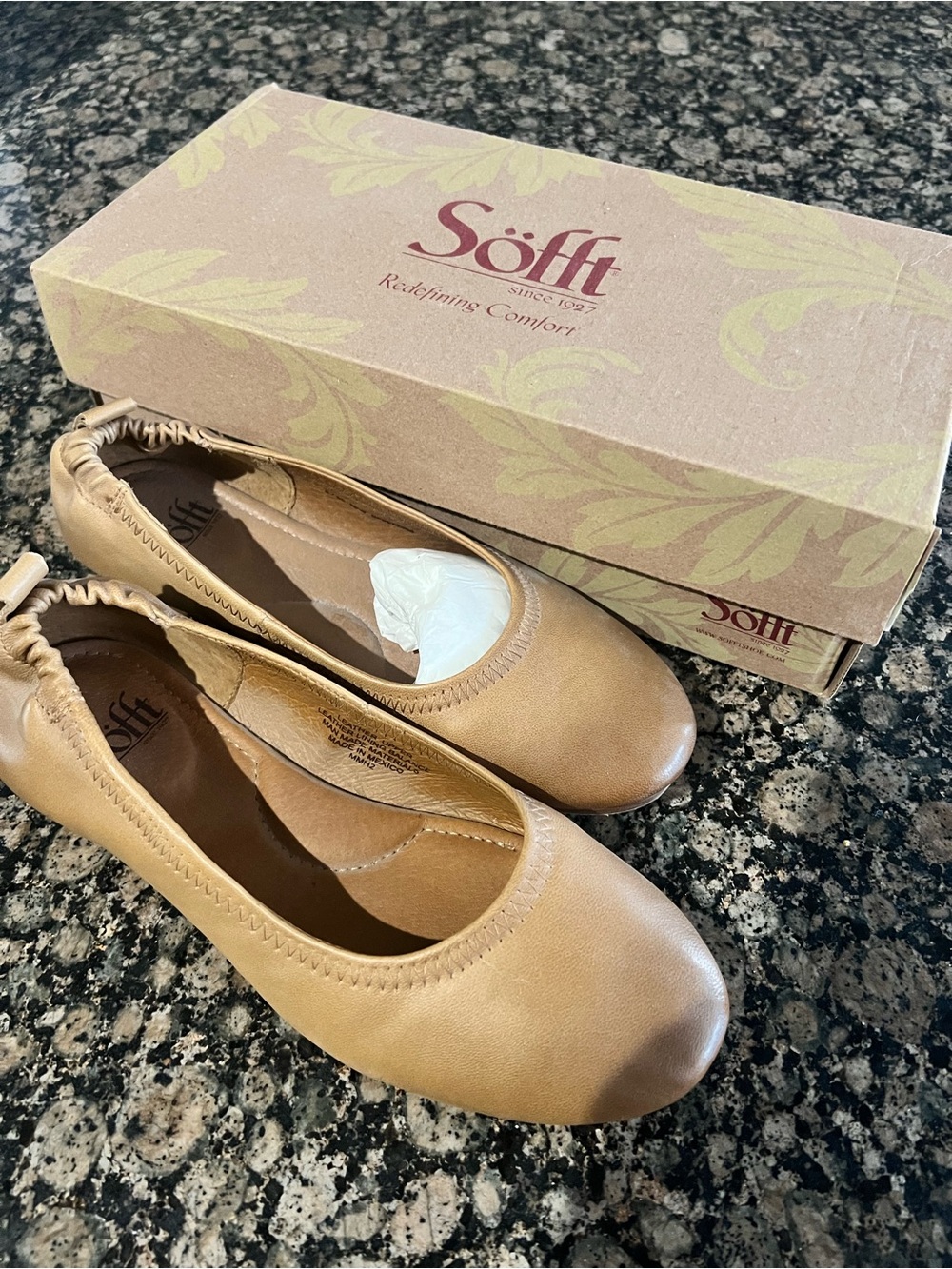 Söfft Tan Leather Elastic-Back Ballet Flats